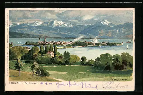 Künstler-AK Zeno Diemer: Lindau / Bodensee, Panoramablick auf Insel und Alpen
