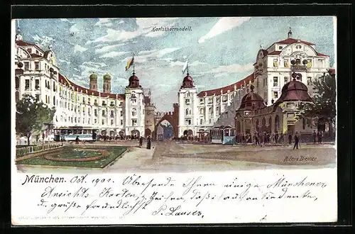 Künstler-AK Zeno Diemer: München, Karlstorrondell mit Strassenbahnen