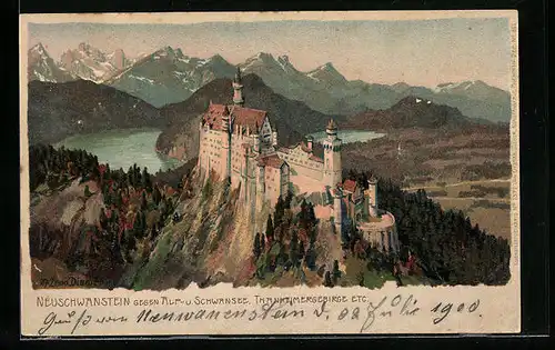 Künstler-AK Zeno Diemer: Neuschwanstein gegen Alp- u. Schwansee