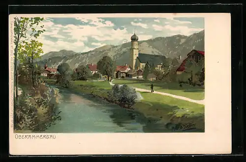 Künstler-AK Zeno Diemer: Oberammergau, Ortsansicht mit Fluss und Kirche