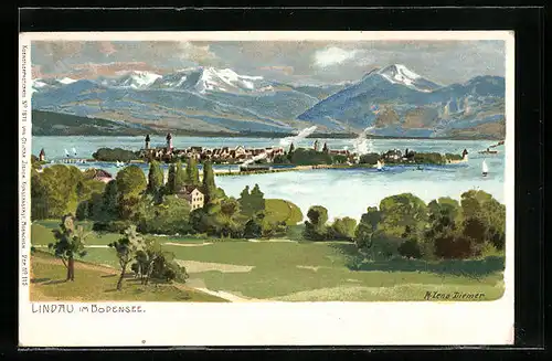 Künstler-AK Zeno Diemer: Lindau / Bodensee, Panoramablick auf Insel und Alpen