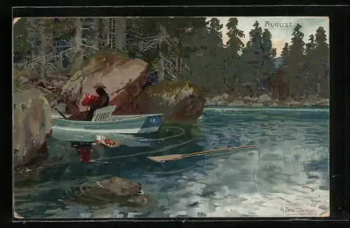 Künstler-AK Zeno Diemer: Liebespaar im Ruderboot auf Waldsee, August