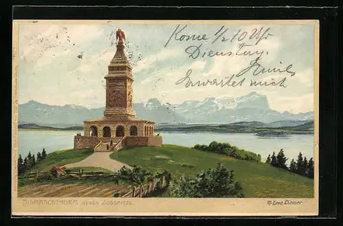 Künstler-AK Zeno Diemer: Zugspitze, Bismarckturm mit Blick auf den Berg