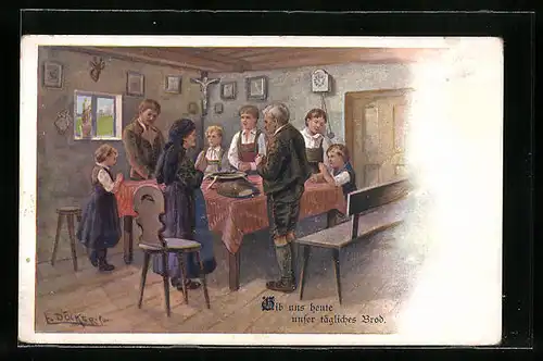 Künstler-AK E. Döcker: Familie beim Tischgebet