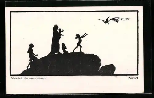 Künstler-AK Diefenbach: Schattenbild Per aspera ad astra Teilbild 1, Mutter und Kinder betrachten Vogel