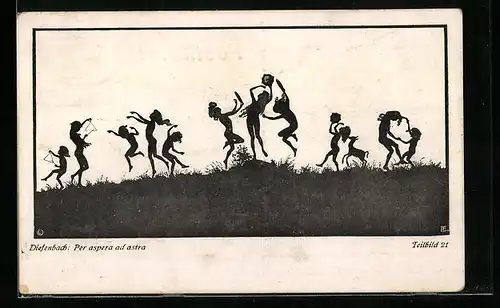 Künstler-AK Diefenbach: Schattenbild von tanzenden und musizierenden Kindern, Per aspera ad astra, Teilbild 21