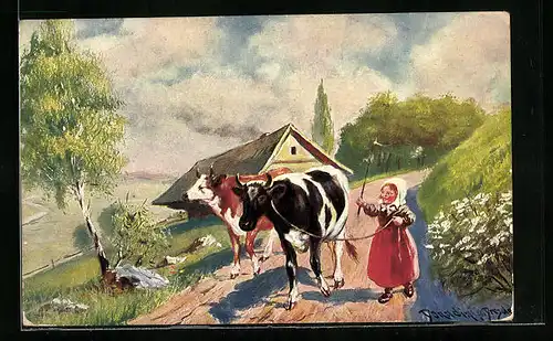 Künstler-AK Ermenegildo Carlo Donadini: Mädchen führt 2 Kühe an der Leine