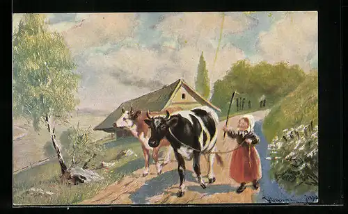 Künstler-AK Ermenegildo Carlo Donadini: Bauernmädchen treibt die Kühe heim