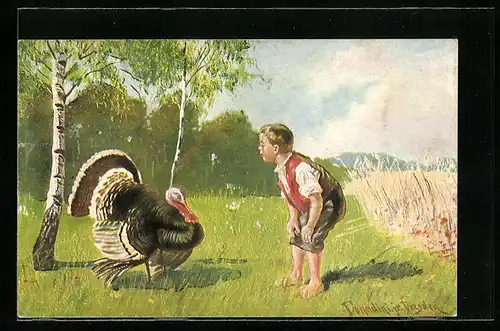Künstler-AK Ermenegildo Carlo Donadini: Junge steht einem Truthahn gegenüber