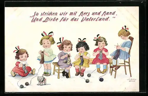 Künstler-AK Carl Diehl: Mädchen stricken Strümpfe für die Soldaten