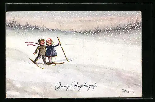 Künstler-AK Elly Frank: Innigen Neujahrsgruss, Kinder auf Skiern im Schnee