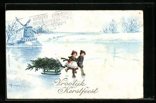 Künstler-AK Elly Frank: Vroolijk Kerstfeest, kleine Holländer mit Christbaum fahren Schlittschuh, Windmühle