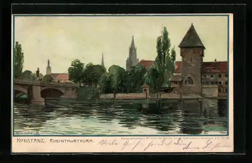 Künstler-AK Zeno Diemer: Konstanz, Rheintorturm mit Brücke