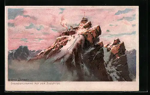 Künstler-Lithographie Zeno Diemer: Sonnenaufgang auf der Zugspitze