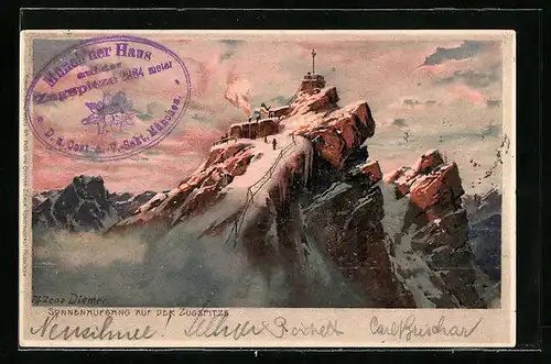 Künstler-Lithographie Zeno Diemer: Sonnenaufgang auf der Zugspitze