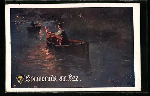 Künstler-AK Franz Jung-Ilsenheim: Deutscher Schulverein Nr. 644: Die Bootsfahrt einer jungen Frau bei Nacht, Sonnwende