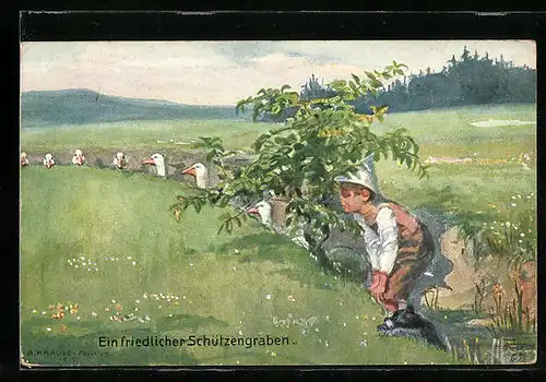 Künstler-AK Carus: Ein friedlicher Schützengraben, Gänse im Schützengraben