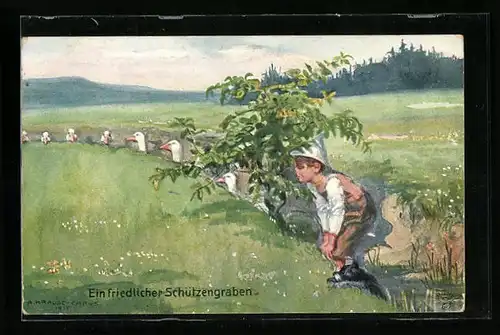 Künstler-AK Carus: Ein friedlicher Schützengraben, Gänse im Schützengraben