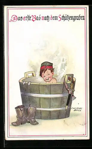 Künstler-AK Carl Diehl: Kleiner Soldat nimmt ein Bad in einem hölzernen Waschzuber