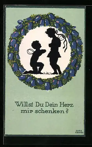 Künstler-AK Dora Heckel: Willst Du Dein Herz mir schenken?, Scherenschnitt