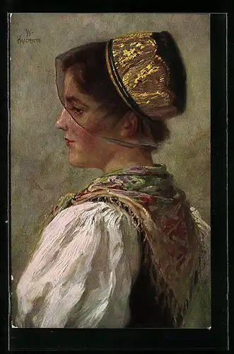 Künstler-AK Wilhelm Hasemann: Mühlenbach, Mühlenbacherin in Tracht