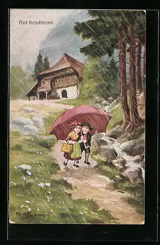 Künstler-AK Ad. Hoffmann: Gut beschirmt, Kinder unter dem Schirm