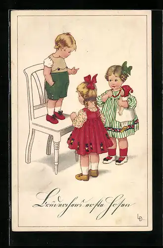Künstler-AK Lia Döring: Kleiner Junge steht auf einem Stuhl