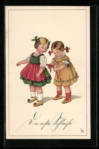 Künstler-AK Lia Döring: Die erste Schleife, Mädchen bindet anderem die Schürze