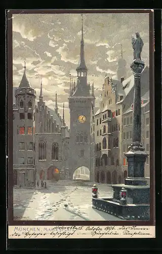 Künstler-AK Zeno Diemer: München, Marienplatz mit Denkmal im Schnee