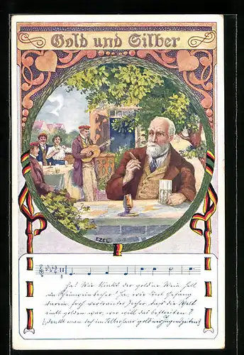 Künstler-AK Ezel: Studenten mit Gitarre, Gold und Silber, Lied mit Noten