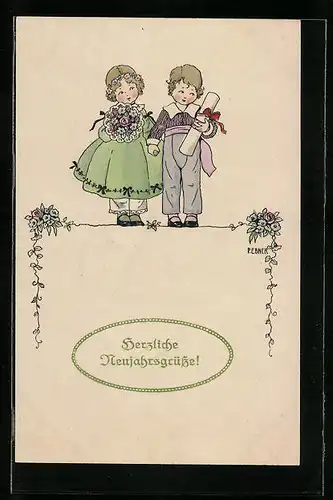 Künstler-AK Pauli Ebner: Pärchen mit Blumenstrauss, Neujahrsgruss