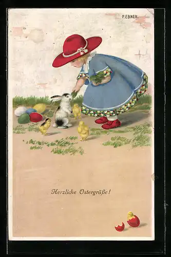 Künstler-AK Pauli Ebner: Mädchen füttert den Osterhasen, Ostergruss