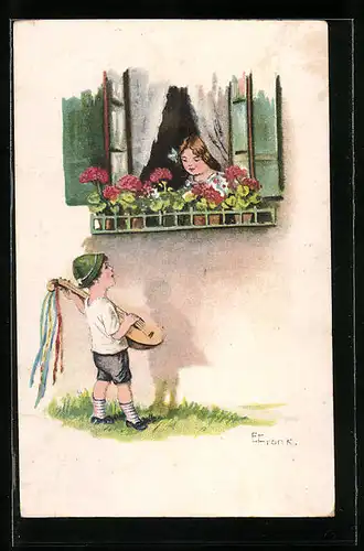 Künstler-AK Elly Frank: Junge mit Laute bei Mädchen am Fenster