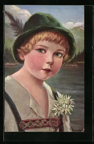 Künstler-AK Elly Frank: Kleiner Junge in Tracht mit Alpenblumen