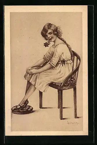 Künstler-AK Elly Frank: Junge Frau mit Rose im Mund