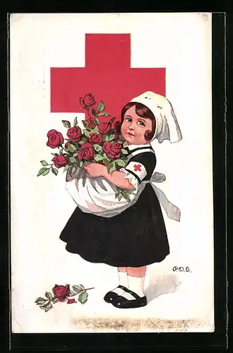 Künstler-AK P. O. Engelhard (P.O.E.): Rotes Kreuz, Krankenschwester mit Rosen