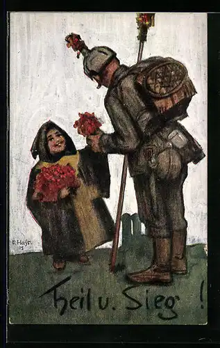 Künstler-AK Fritz Hass: Soldat in Uniform bekommt Blumen vom Münchner Kindl
