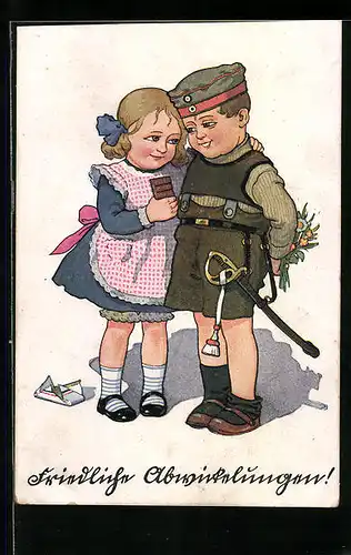 Künstler-AK P. O. Engelhard (P.O.E.): Kleiner Soldat und Mädchen bei friedlichen Abwicklungen