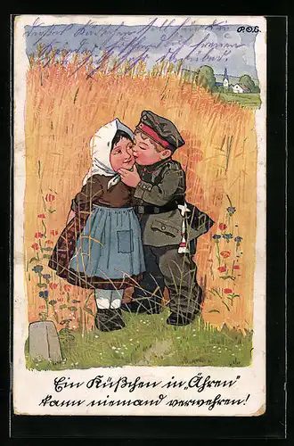 Künstler-AK P. O. Engelhard (P.O.E.): Kleiner Soldat gibt der Liebsten ein Küsschen in Ähren