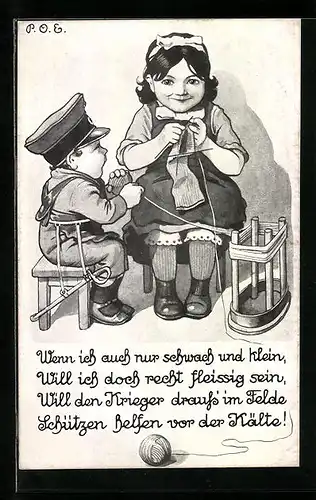 Künstler-AK P. O. Engelhard (P.O.E.): Kleiner Soldat hilft der Mutter beim Stricken