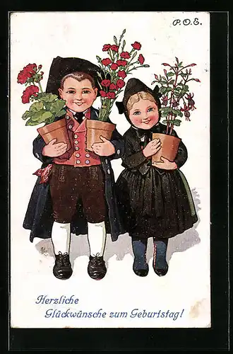 Künstler-AK P. O. Engelhard (P.O.E.): Geburtstagsgratulanten mit Blumengrüssen