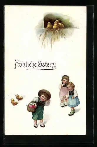 AK Fröhliche Ostern, Kinder mit Osterküken