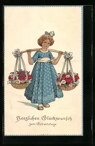 AK Glückwünsche zum Geburtstag, Dame mit Körben voller Blüten