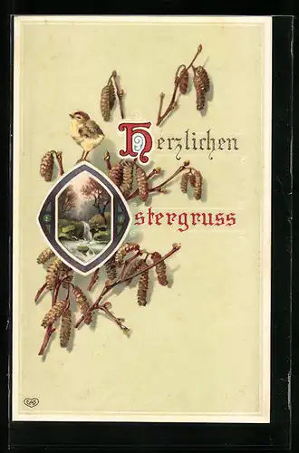 Präge-AK Ostergruss mit Weidenkätzchen