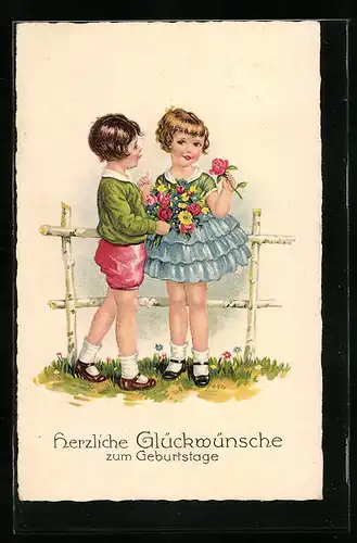 AK Herzliche Glückwünsche zum Geburtstag, Kinder mit Blumen
