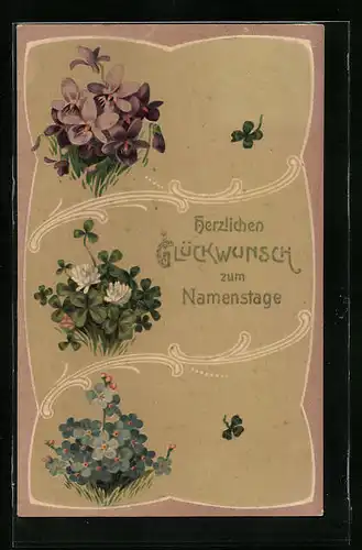 Präge-AK Glückwünsche zum Namenstag, Veichen, Kleeblatt und Vergissmeinnicht