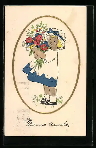 AK Mädchen mit Blumen zu Neujahr, Bonne Année