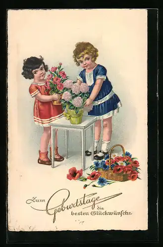 AK Kinder gratulieren zum Geburtstag, Blumen