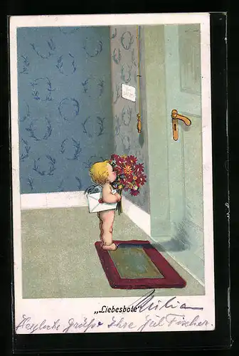 Künstler-AK Liebesbote Amor mit Blumen und Liebesbrief