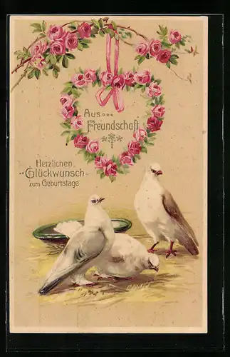 Präge-AK Glückwünsche zum Geburtstag, Tauben mit Rosenkranz